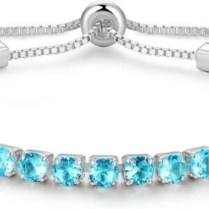 Sterling Silver Birthstone Tennis Bracelet 4mm Aquamarine for Women Gift